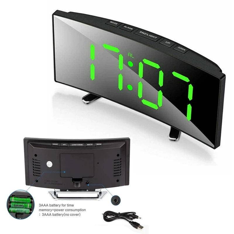 Despertador digital LED com tela curva, espelho despertador para estudantes, quarto, sala de estar, escritório, escola, sono