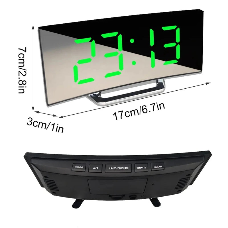 Despertador digital LED com tela curva, espelho despertador para estudantes, quarto, sala de estar, escritório, escola, sono