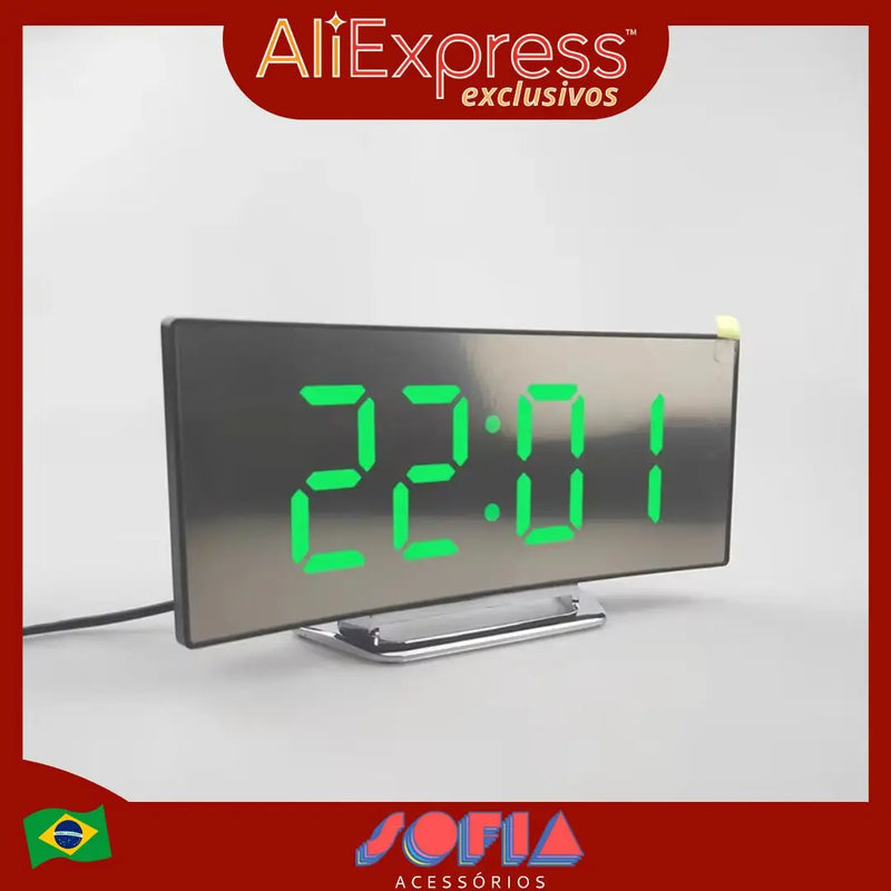 Despertador digital LED com tela curva, espelho despertador para estudantes, quarto, sala de estar, escritório, escola, sono