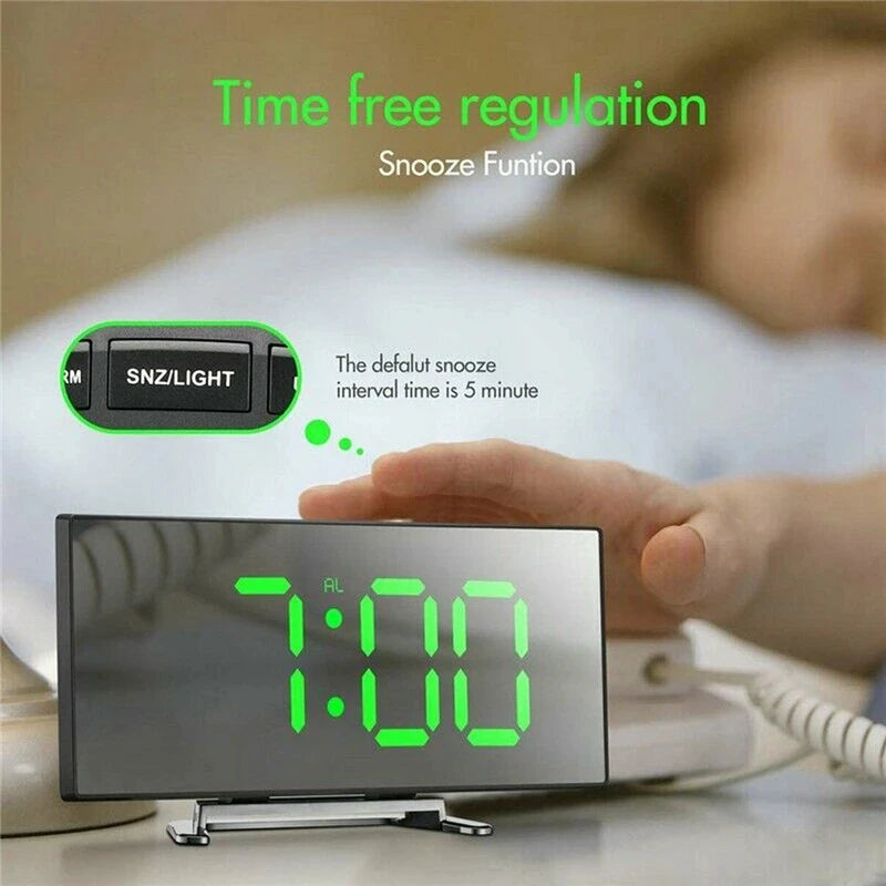 Despertador digital LED com tela curva, espelho despertador para estudantes, quarto, sala de estar, escritório, escola, sono