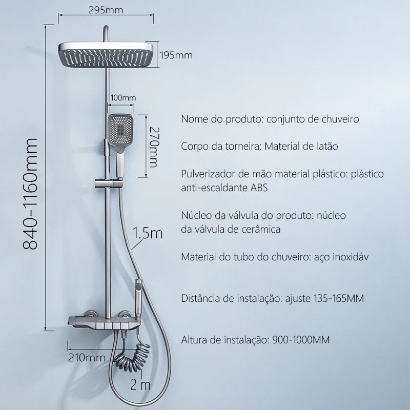 Conjunto de chuveiro digital preto para banheiro, torneira de parede de latão com 4 vias, termostato para banheira, torneira misturadora de chuva, sistema de chuveiro