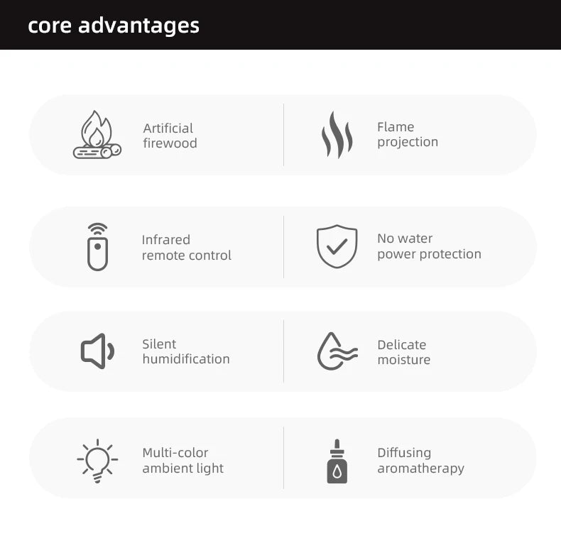 Umidificador de ar criativo para lareira, sem água, com desligamento automático, difusor de óleos essenciais com luz LED e controle remoto para presente doméstico