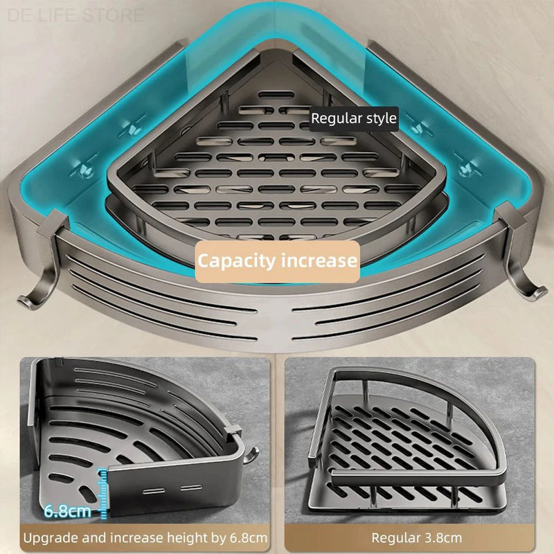 1-2PCS Prateleira de canto para banheiro com gancho de plástico Barra de toalha Sem espaço para furadeiras Rack de armazenamento de chuveiro de alumínio Organizador de banheiro