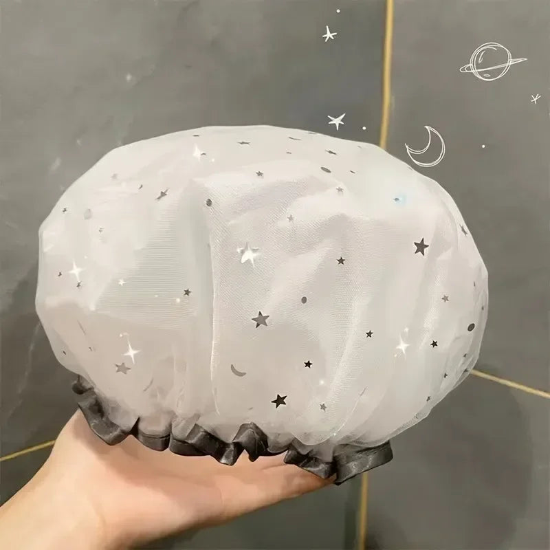 Touca de banho impermeável de camada dupla com design de céu estrelado, chapéu de banho reutilizável, chapéu sanitário à prova de óleo de cozinha