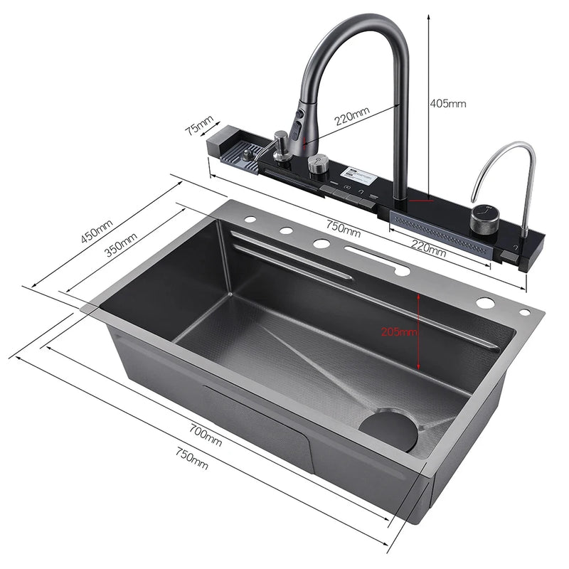 Pia de Cozinha Aço Inoxidável Grande Único Slot Integrado Display Digital Torneira Conjunto Dispensador de Sabão Copo Lavadora