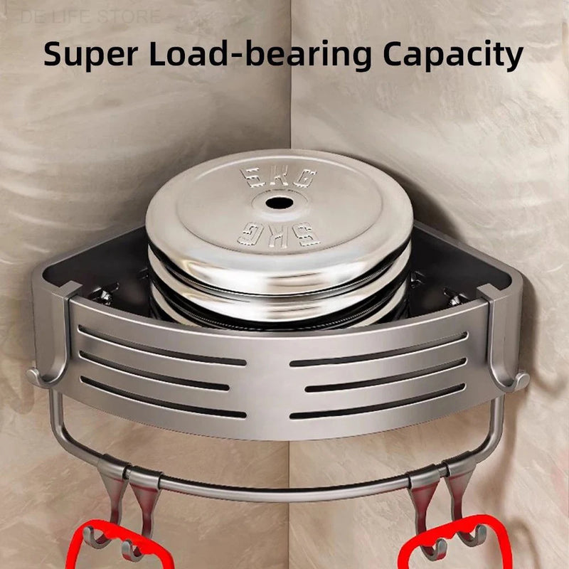 1-2PCS Prateleira de canto para banheiro com gancho de plástico Barra de toalha Sem espaço para furadeiras Rack de armazenamento de chuveiro de alumínio Organizador de banheiro