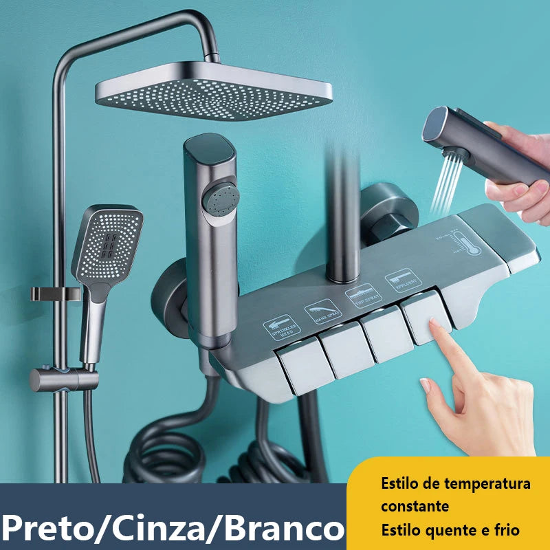 Conjunto de chuveiro digital preto para banheiro, torneira de parede de latão com 4 vias, termostato para banheira, torneira misturadora de chuva, sistema de chuveiro